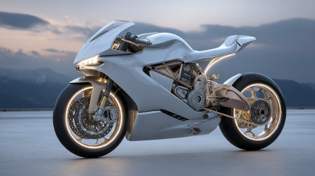 Sleek and futuristic motorcycle with glowing accents against a mountain backdrop.の素材
