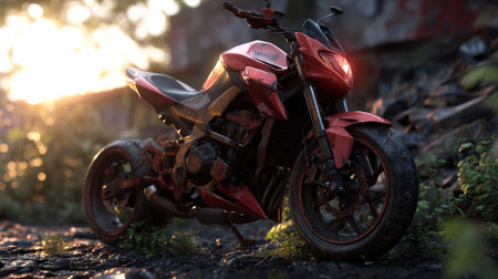 Grunge Red Motorcycle Parked on Rocky Terrain with Setting Sun in the Backgroundの素材