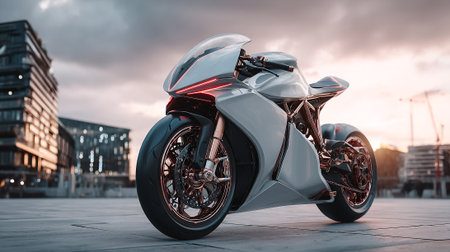 Sleek and Modern Motorcycle Design with Urban Sunset Backdrop Sceneryの素材