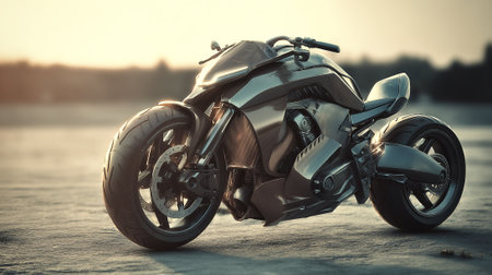 Futuristic motorcycle design showcasing powerful engine and aerodynamic contours at golden hourの素材