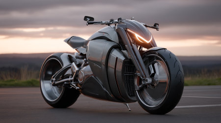 Futuristic Gray Motorcycle Design Against a Dramatic Sunset Skyの素材