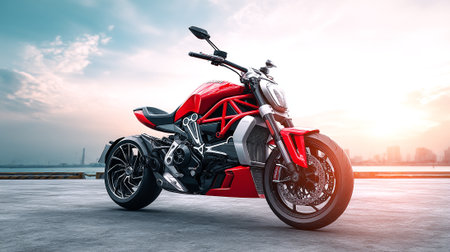 Sleek Red Motorcycle with Cityscape Backdrop Bathed in the Warm Glow of Sunsetの素材