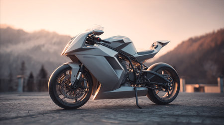 Sleek Silver Motorcycle Parked with Mountain View Backdrop at Sunset.の素材
