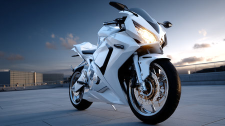 Sleek White Motorcycle on Rooftop Against Dramatic Sky at Twilightの素材