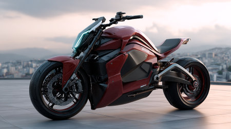 Sleek Red Motorcycle on Rooftop with Cityscape, Futuristic Tranation Conceptの素材