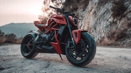 Striking Red Motorcycle Parked on a Dusty Road with a Mountain Backdropの素材