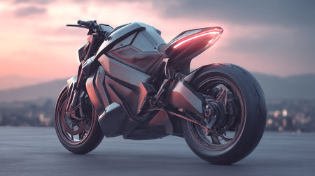 Futuristic motorcycle with illuminated tail light against a pastel sky backgroundの素材