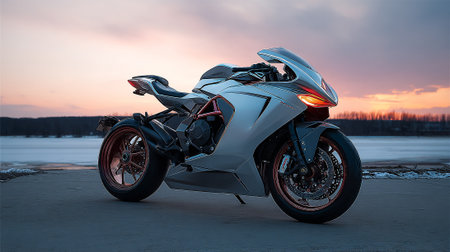 Sleek bike showcasing artistic design elements during a colorful dusk backdrop near waterの素材