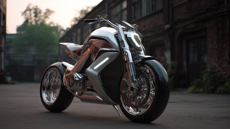 Sleek and Futuristic Silver Motorcycle Parked on an Urban Street Landscapeの素材