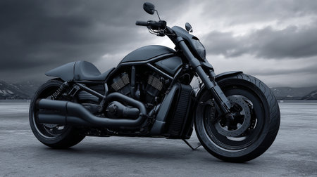 Dark and Moody Motorcycle: A Powerful Ride on a Stormy Dayの素材