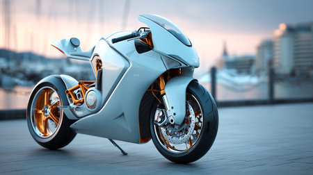 Modern Futuristic Motorcycle Parked with Urban Waterfront Skyline in the Backgroundの素材
