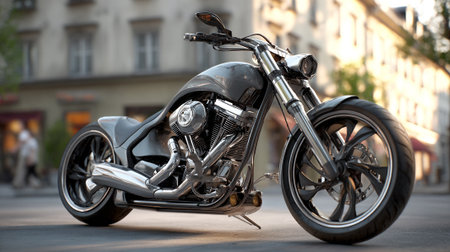 Sleek Black Motorcycle Stands Out on City Street with Modern Designの素材