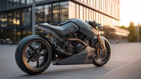 Futuristic Custom Motorcycle Parked Gracefully by Modern Architecture at Golden Hourの素材