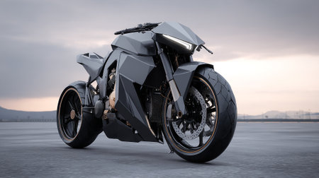 Sleek Modern Motorcycle with Angular Design Against a Muted Skyの素材