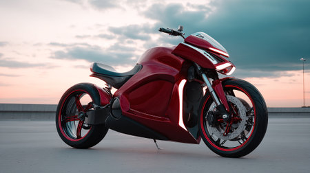 Sleek Red Futuristic Motorcycle on Concrete Surface with Dramatic Sky Backdropの素材