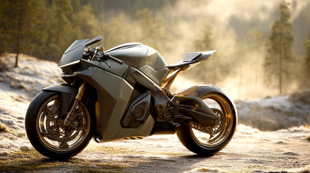 Futuristic Motorcycle on a Frosty Forest Path Bathed in Early Morning Sunlightの素材