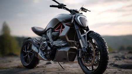 Modern Motorcycle Design: A Sleek Grey Bike on Rocky Terrain Adventureの素材