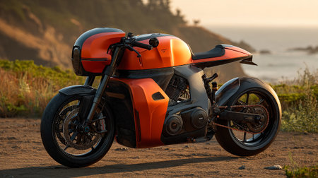 Futuristic Orange Motorcycle Parked on a Hill Overlooking the Ocean.の素材