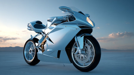 Sleek Silver Superbike: A Glimpse into Future Motorcycle Design Under the Open Skyの素材
