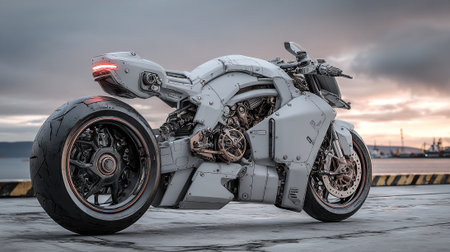 Futuristic motorcycle showcasing intricate mechanical design and modern aesthetic on coastal backdrop.の素材