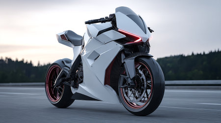 Sleek Futuristic White Motorcycle with Red Accents on Highway During Daytimeの素材