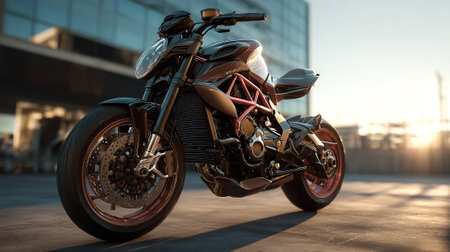 Sleek Black Motorcycle parked elegantly Against Urban Sunset Backdrop Ready for Adventureの素材