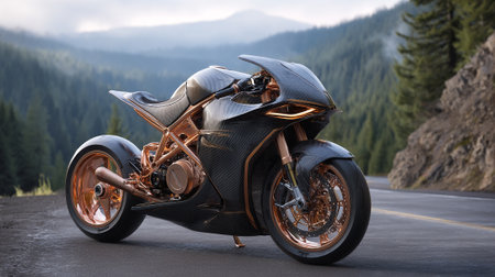 Sleek Carbon Fiber Motorcycle with Copper Accents on a Mountain Road.の素材