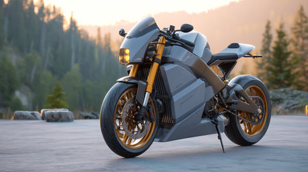 Sleek Modern Motorcycle Design Parked Outdoors at Sunset with Mountain Sceneryの素材