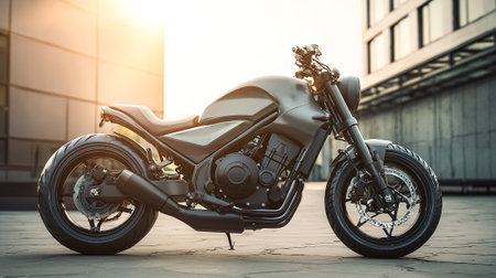 Sleek Matte Gray Motorcycle Against Modern Building with Sunlight Glare Aesthetic Designの素材