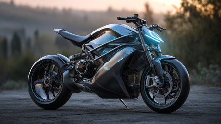 Futuristic Motorcycle Design Displaying Technological Innovation on an Outdoor Roadの素材