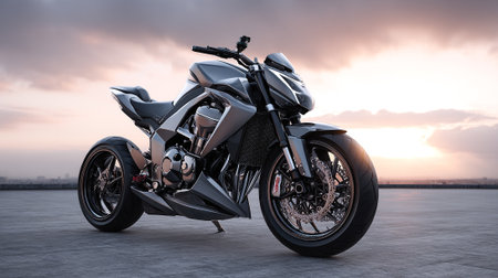 Sleek Silver Motorcycle on a Rooftop at Sunset, Ready for the Rideの素材