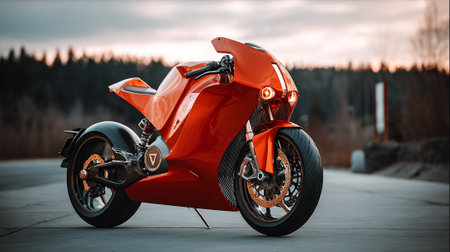 Striking Red Motorcycle: Modern Design and Automotive Power on Concrete Surfaceの素材