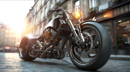 Chrome motorcycle on urban street with bright headlight gleaming in the sunの素材