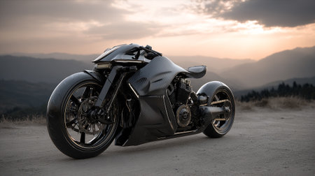 Sleek Carbon Fiber Motorcycle Against a Hazy Mountain Backdrop at Dusk.の素材