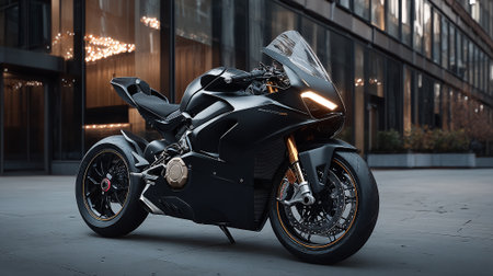 Sleek and Powerful Black Motorcycle Parked Against Modern Buildingの素材