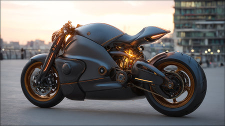 Futuristic Custom Motorcycle Design with Metallic Finish and Glowing Accentsの素材