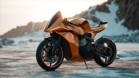 Futuristic Orange Motorcycle Parked in a Snowy Landscape on a Cloudy Dayの素材