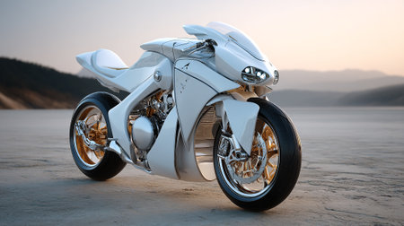 Sleek White Futuristic Motorcycle Design Parked by the Beach with Golden Accentsの素材