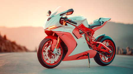 Sleek Red and White Motorcycle Poised on an Open Road at Sunriseの素材