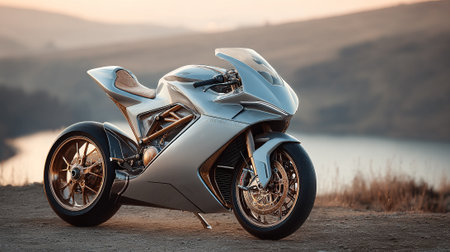 Silver s Motorcycle on Hillside Overlooking Lake at Sunset, High Quality Imageの素材
