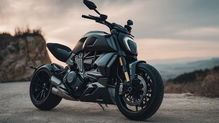 Sleek Black Motorcycle on Rural Road Against Sunset Sky, Power and Adventureの素材