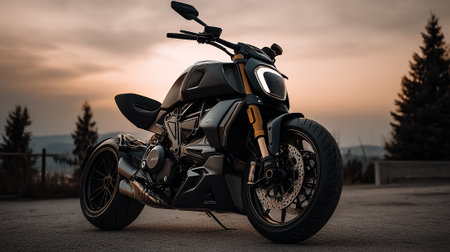 Sleek Ducati Diavel Motorcycle Posed at Sunset for Automotive Perfectionの素材