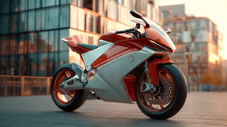 Sleek Orange and White Motorcycle Stands Out Against Modern Urban Architectureの素材