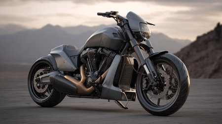 Powerful custom motorcycle with mountain backdrop embodying freedom and open road adventureの素材