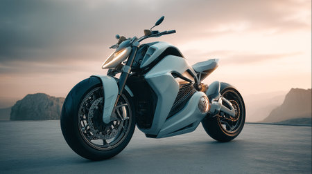 Futuristic White Motorcycle Design Set Against a Mountainous Sunset Backgroundの素材