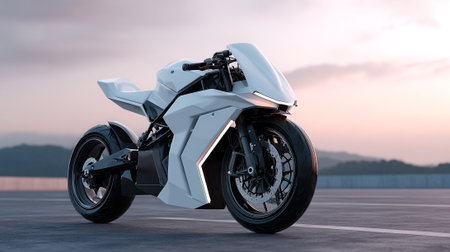 Futuristic white motorcycle parked outdoors against a soft sunset landscape backdropの素材