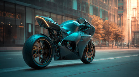 Sleek Futuristic Motorcycle Parked in Urban Setting With a Teal Glow.の素材