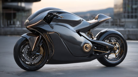 Sleek Futuristic Motorcycle Design with Metallic Gray Finish and Golden Accentsの素材