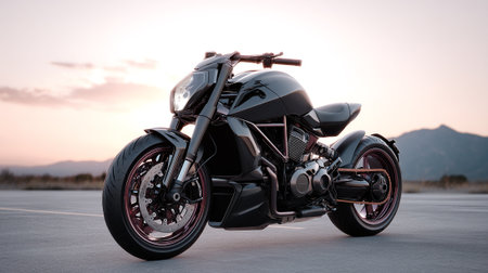 Sleek Black Motorcycle Against Mountain Sunset: A Powerful and Modern Designの素材