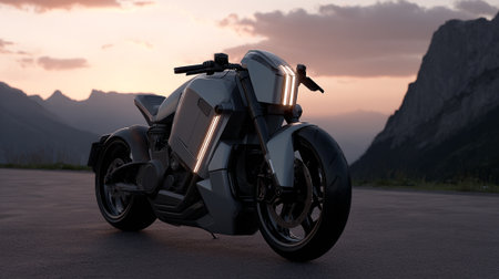 Futuristic motorcycle with streamlined design set against a dusky mountain backdropの素材